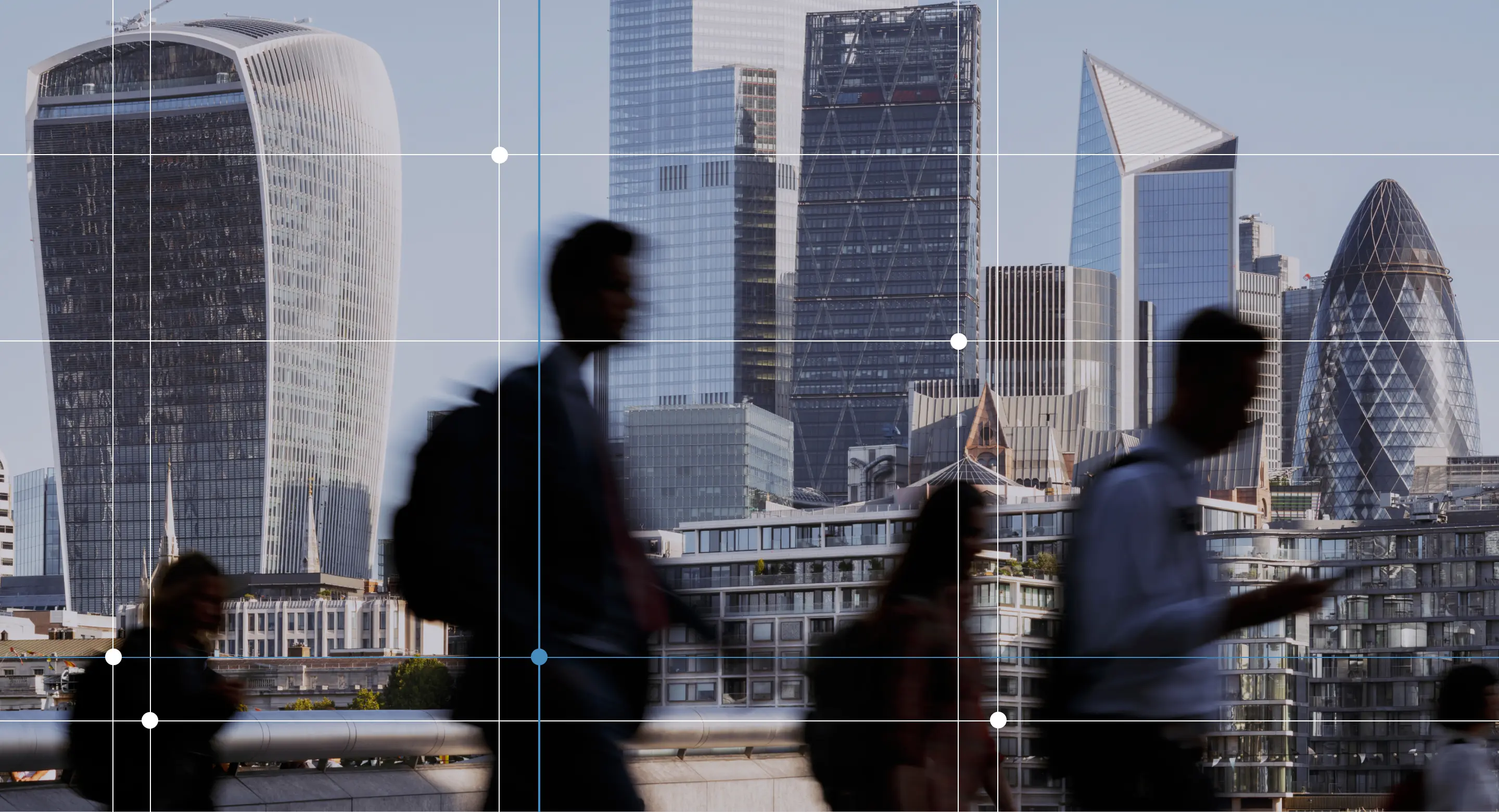 UK, London, blurred motion of incidental business people walking to work with view of the financial district behind